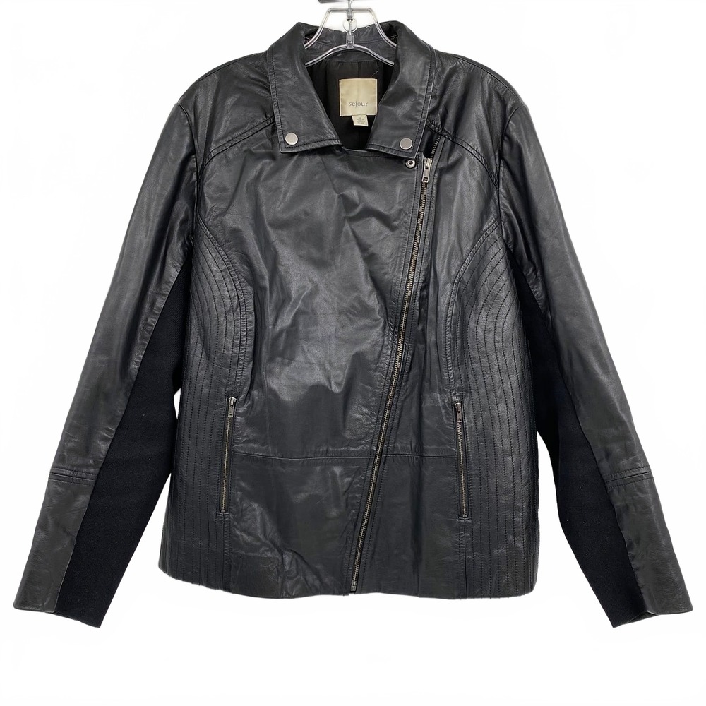 Sejour Black Leather Moto Jacket | Plus 1X Leather Coat